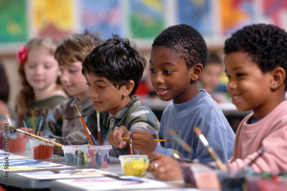 a multicultural group of children learning to paint in an art class a multicultural group of children learning to paint in an art class