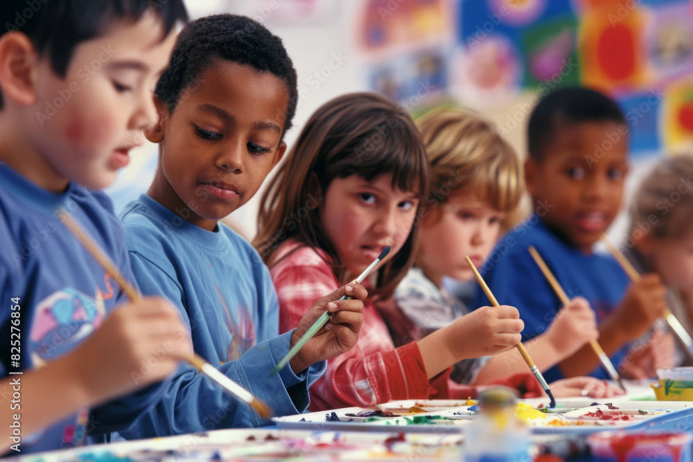 a multicultural group of children learning to paint in an art class a multicultural group of children learning to paint in an art class