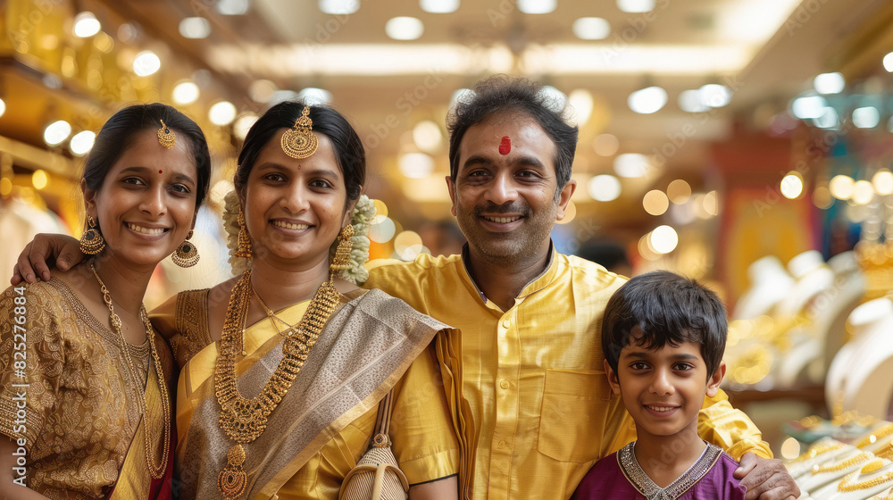 indian family standing at jwelery shop