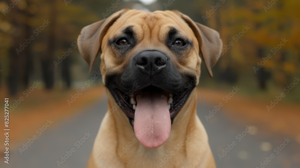  A tight shot of a dog's expression, tongue lolling out, in the foreground Middle of the image features an asphalt road Background consists of trees and a softly