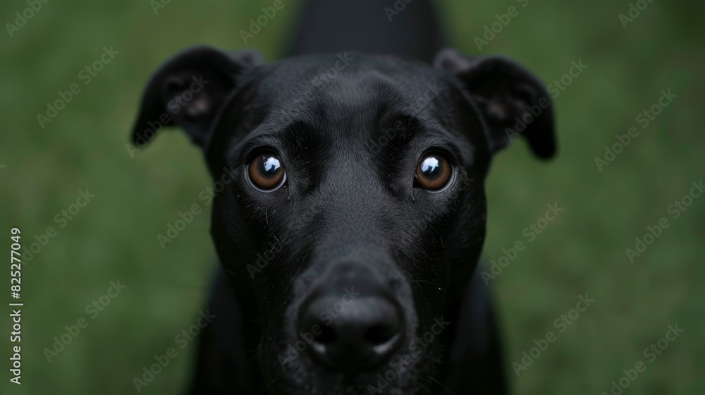 A black dog gazes sadly at the camera in a close-up shot Green grass fills the foreground A black dog gazes sadly at the camera in a close-up shot Green grass fills the foreground