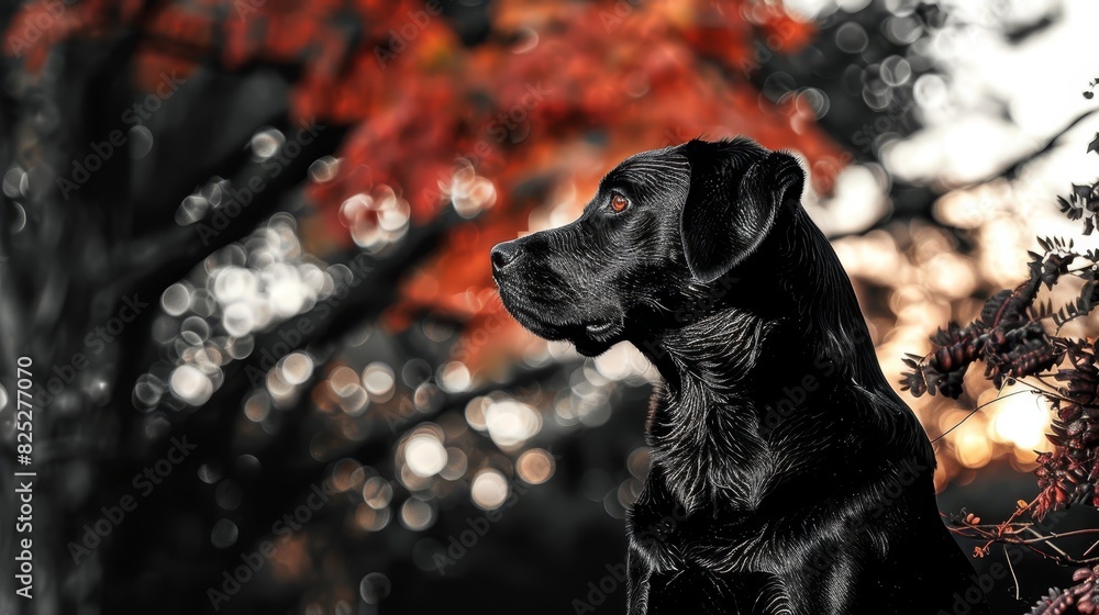 a black-and-white photograph of a black dog amidst red leaves a black-and-white photograph of a black dog amidst red leaves