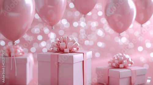 Pink gift boxes and balloons on a shiny pink background © Emma