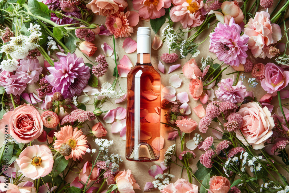 © AI_images - a rose wine bottle elegantly surrounded by a variety of flowers, creating a romantic and charming scene. © AI_images - a rose wine bottle elegantly surrounded by a variety of flowers, creating a romantic and charming scene.