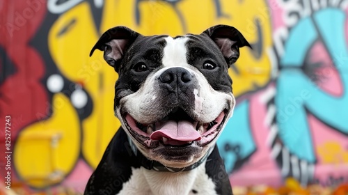  A black-and-white dog stands before a graffiti-covered wall, its pink tongue extending from between teeth