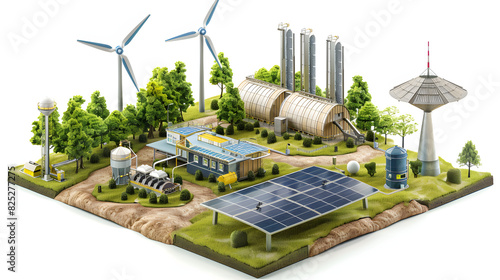 Renewable energy farm with hydrogen production facilities in the background isolated on white background, vintage, png
 photo