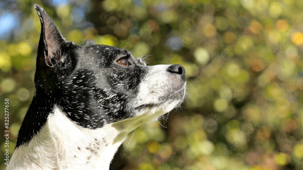 A black-and-white dog with facial spots gazes off, surrounded by trees in the background and a blue sky in the foreground A black-and-white dog with facial spots gazes off, surrounded by trees in the background and a blue sky in the foreground