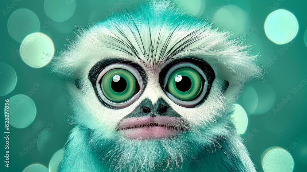 A tight shot of a monkey's face with large, verdant eyes The backdrop features a blurred arrangement of lights A tight shot of a monkey's face with large, verdant eyes The backdrop features a blurred arrangement of lights