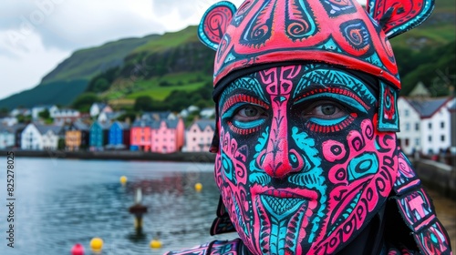  A person, facing the camera, sports a painted bear facemask nearby a tranquil body of water Houses dot the landscape behind, while a hill is distantly covered in verd photo
