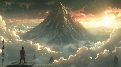  A man atop a mountain gazes at a sky teeming with clouds, a colossal peak with a figure standing tall in the distance #825278052