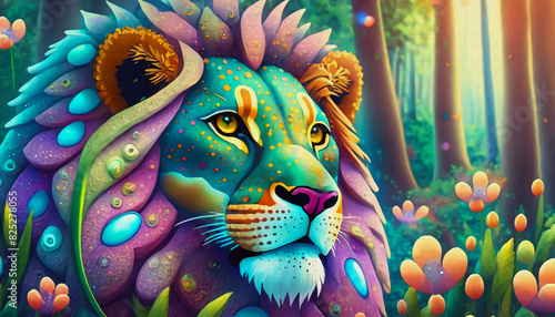 oil painted style cartoon character illustration Multicolored a close - up of a lion s face with a blurry image of trees 