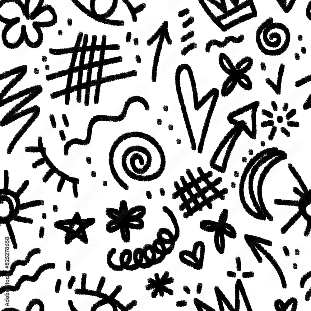 Fototapeta premium Seamless pattern with charcoal doodle shapes. Childish or funny sketches. Modern print for textile, fabric, wallpaper, wrapping, scrapbook and packaging