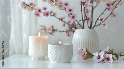 spring flowers and burning candles in white interior