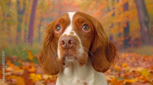  A tight shot of a dog and leaves on the ground Before it, a painting of a canine gazing upward at the camera, displaying an expression of amazement