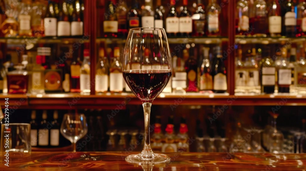  A glass of wine atop a wooden table Nearby, wine bottles and glasses line shelves, filling a room with walls of liquor