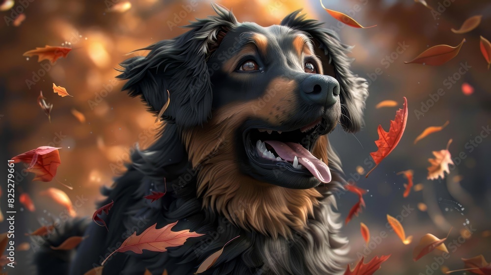 A tight shot of a dog with scattering leaves in its paws, accompanied by a backdrop of a leaf-filled sky and the dog in the foreground with an open mouth A tight shot of a dog with scattering leaves in its paws, accompanied by a backdrop of a leaf-filled sky and the dog in the foreground with an open mouth