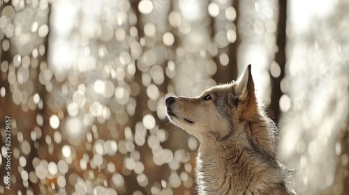 A tight shot of a dog s head in front of a forest backdrop  adorned with numerous circular lights cascading down from above