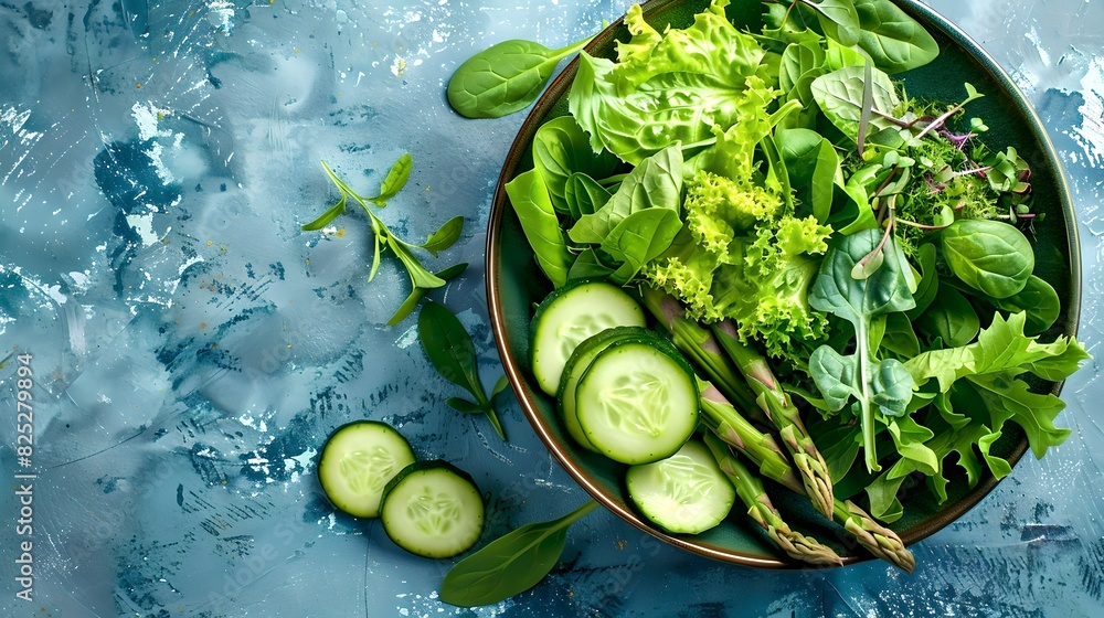 Obraz premium Fresh green salad with cucumber and asparagus. A healthy mix of leafy greens for a nutritious meal. Ideal for a healthy lifestyle concept. AI
