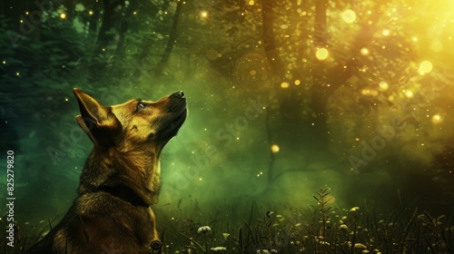  A dog gazes at the night sky in a forest, surrounded by fireflies and dandelions Its head is raised high, and its eyes are shut photo