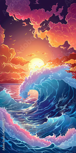 colorful sunset sky and  surrealistic waves