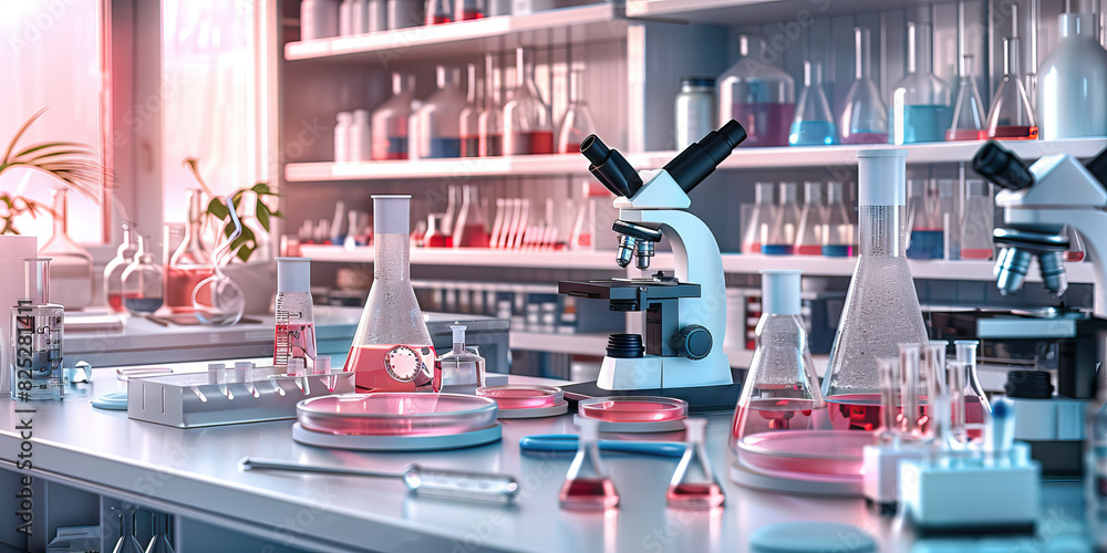 Scientist's Lab: A modern desk filled with beakers, petri dishes, and ...