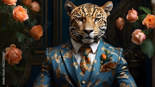 portrait of a jaguar wearing a sophisticated tiered suit with a patterned design. This elegant and sophisticated high fashion image features the anthropomorphic animal posing with a charming human dem photo