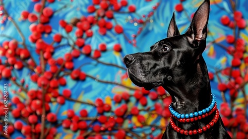  A black dog wearing a red-and-blue beaded collar stands before a tree Red berries adorn its branches against a backdrop of a blue sky dotted with more red ber photo