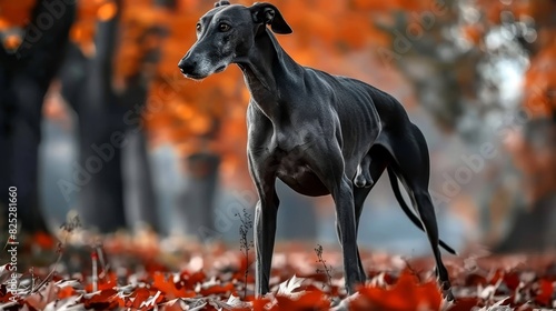  A black dog stands in a forest, surrounded by red and orange leaves and trees with orange foliage The dog gazes at the camera