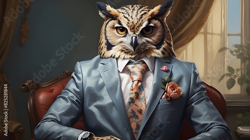 An attractive and sophisticated high fashion painting of an anthropomorphic animal  sitting with a charming human attitude  features an owl wearing a patterned suit with a tie. The animal exudes confi