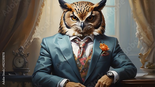An attractive and sophisticated high fashion painting of an anthropomorphic animal, sitting with a charming human attitude, features an owl wearing a patterned suit with a tie. The animal exudes confi photo