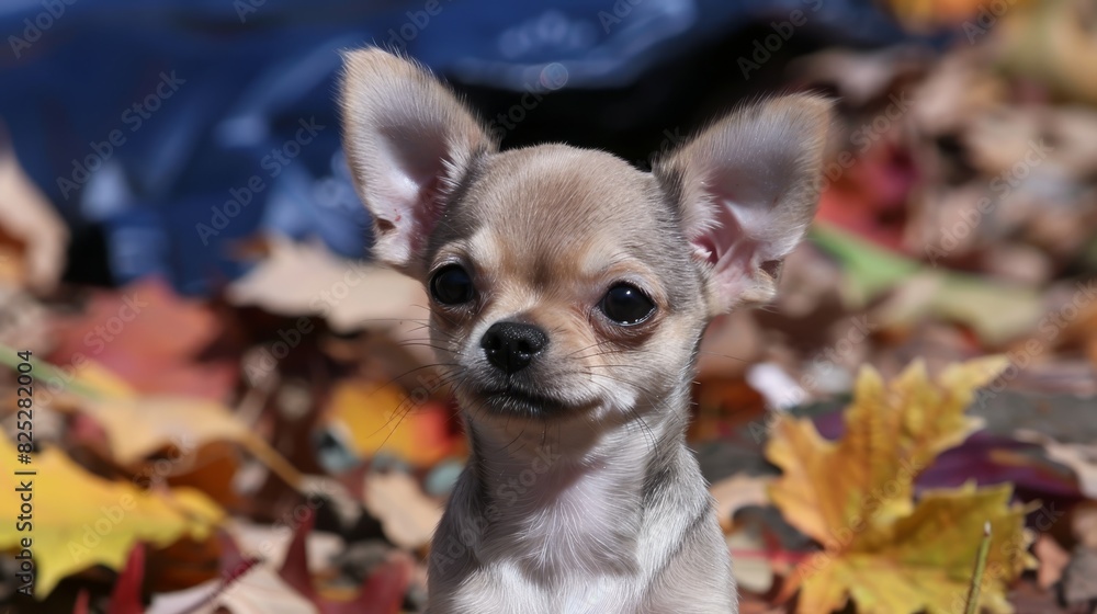  A small dog, brown and white, sits atop a mound of leaves The leaves beneath are a mix of brown and green Atop this, another larger pile of brown leaves lies