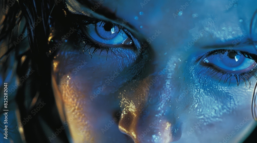 blue eyes encircled by freckles, dotted with water droplets Water droplets glistened on her
