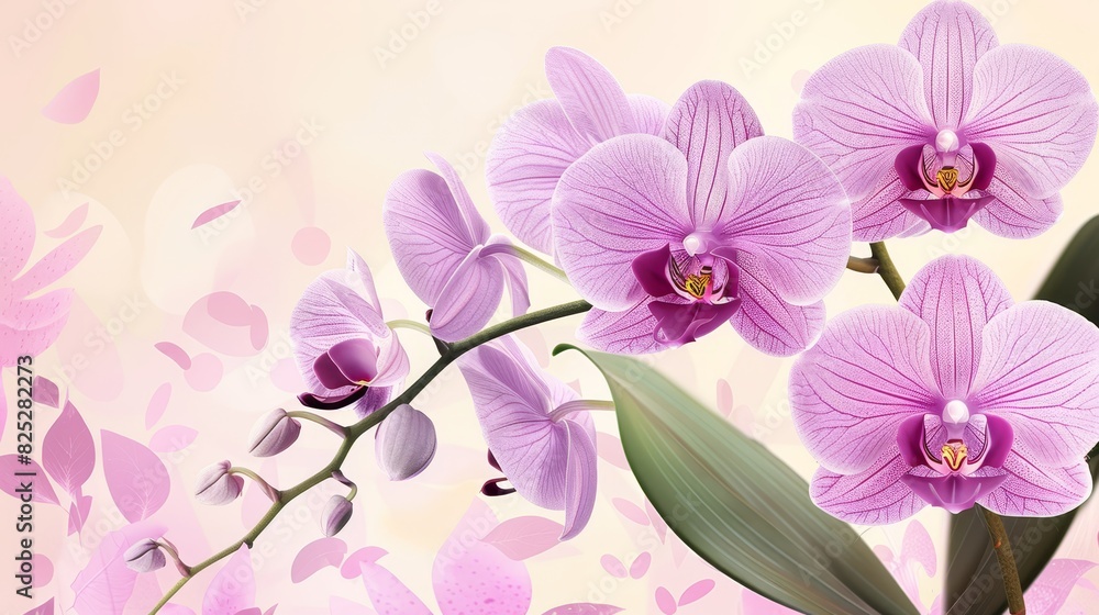  A bouquet of purple orchids against a pink and white background The arrangement features a pink and white floral center, with leaves and petals brought to the foreground
