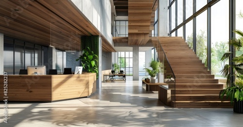 3D rendering of a modern office interior in a high-rise building with a wooden staircase and desks,