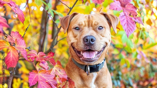  A tight shot of a dog against a backdrop of a tree, its foreground adorned with red and yellow leaves, while another tree with autumn foliage frames the scene in the