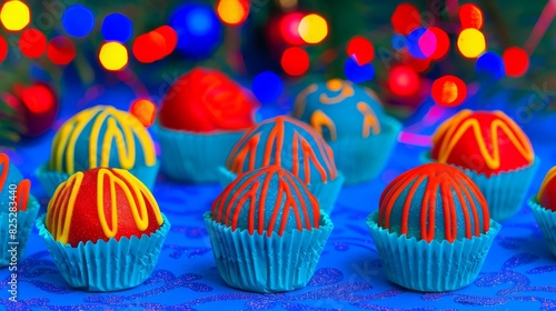  A group of cupcakes sits on a table  the surface covered in blue frosting Behind  colorful lights illuminate a blue tablecloth