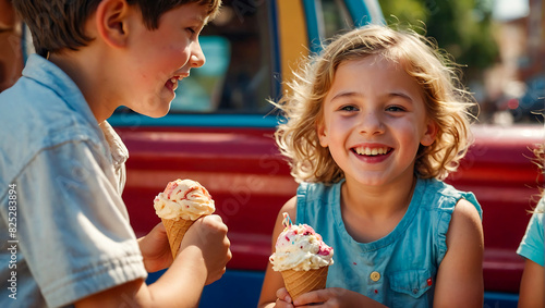 Vibrant colorful portrait of children enjoying ice cream on a hot summers day