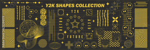 Abstract geometry hud wireframe shapes and patterns, cyberpunk elements, icon s and perspective grid s. Surreal geometric signs. Rave psychedelic futuristic Y2k acid aesthetic set. Vector illustration