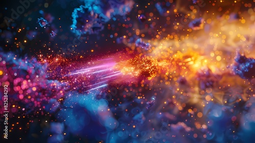 A scene of a particle jet  with a background of particles of matter and energy
