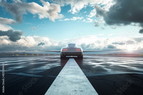 Luxury sports car poised on an airport runway against a dramatic sunset sky photo