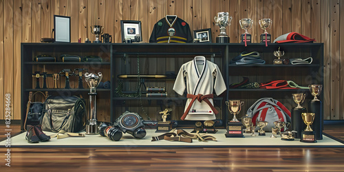 Brazilian Jiu-Jitsu Instructor's Desk: A functional training mat with various martial arts equipment, including a uniform and trophies, reflecting the disciplined lifestyle and expertise