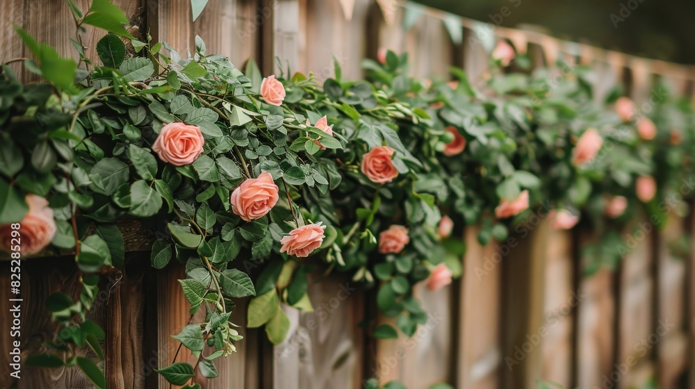 Fototapeta premium outdoor party decorations, the garden fence is adorned with greenery garlands and bunting flags, enhancing the festive atmosphere of the garden party