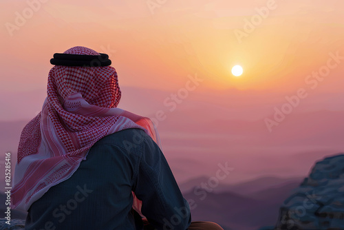 Arab man gazing at the sunrise photo