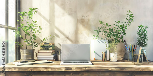 Swedish Organic Desk: A natural wooden desk topped with a minimalist laptop and organic stationery, reflecting the eco-friendly and simplistic lifestyle of a Swedish environmentalist photo