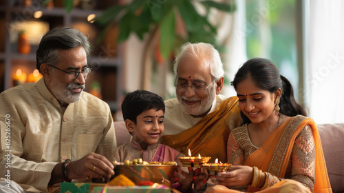 happy Indian family celebrating Diwali festival at home photo