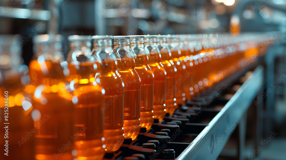 Juice Bottle Packaging: Production Line in a Beverage Factory Juice Bottle Packaging: Production Line in a Beverage Factory