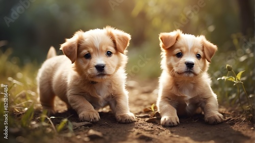 Two little puppies playing in nature © Uzair