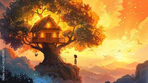 A boy discovering a secret treehouse with mystical powers, adventure, illustration, warm colors photo