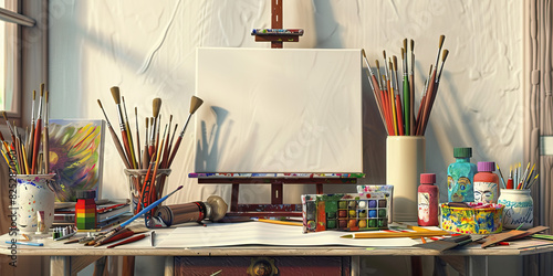 Italian Creative Desk: A vintage desk adorned with various art supplies, such as paintbrushes, colored pencils, and a canvas, symbolizing the artistic flair 