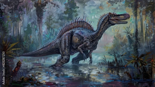 Colossal Spinosaurus Wading through a Mystical, Bioluminescent Swamp: A Surrealist Masterpiece © Mickey